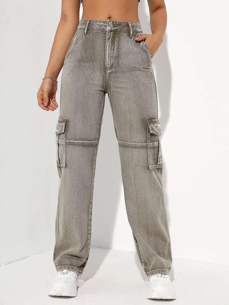 High Waist Flap Pockets Cargo Jeans - Light Grey - View 1