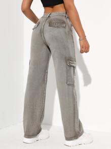 High Waist Flap Pockets Cargo Jeans - Light Grey - View 2