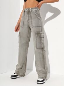 High Waisted Flap Pocket Cargo Jeans - Army Green - View 6