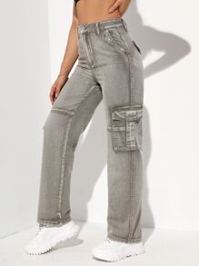 High Waist Flap Pockets Cargo Jeans - Light Grey - View 3