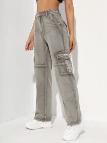 High Waist Flap Pockets Cargo Jeans - Light Grey - View 4