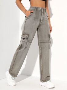 High Waist Flap Pockets Cargo Jeans - Light Grey - View 5