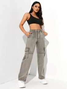 High Waist Flap Pockets Cargo Jeans - Light Grey - View 6