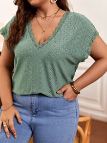 SHEIN Frenchy Plus Eyelet Embroidery Batwing Sleeve Tee - Mint Green - View 1