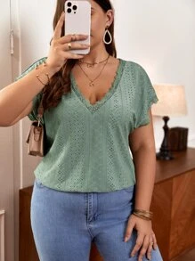 SHEIN Frenchy Plus Eyelet Embroidery Batwing Sleeve Tee - Mint Green - View 5