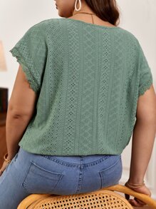 SHEIN Frenchy Plus Eyelet Embroidery Batwing Sleeve Tee - Mint Green - View 6