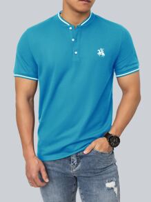 Manfinity Homme Hombres Camisa polo con estampado de figura & de caballo ribete de rayas - Azul - Ver 1
