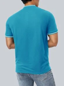 Manfinity Homme Hombres Camisa polo con estampado de figura & de caballo ribete de rayas - Azul - Ver 2