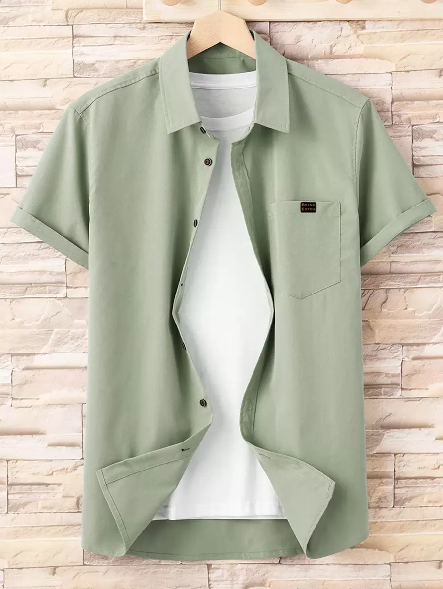 Manfinity Homme Men Letter Patched Detail Pocket Front Shirt Without Tee, Men Green Shirt, Men Shirts Short Sleeve Color Green - Mint Green - View 1