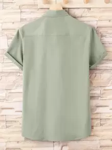 Manfinity Homme Men Letter Patched Detail Pocket Front Shirt Without Tee, Men Green Shirt, Men Shirts Short Sleeve Color Green - Mint Green - View 2