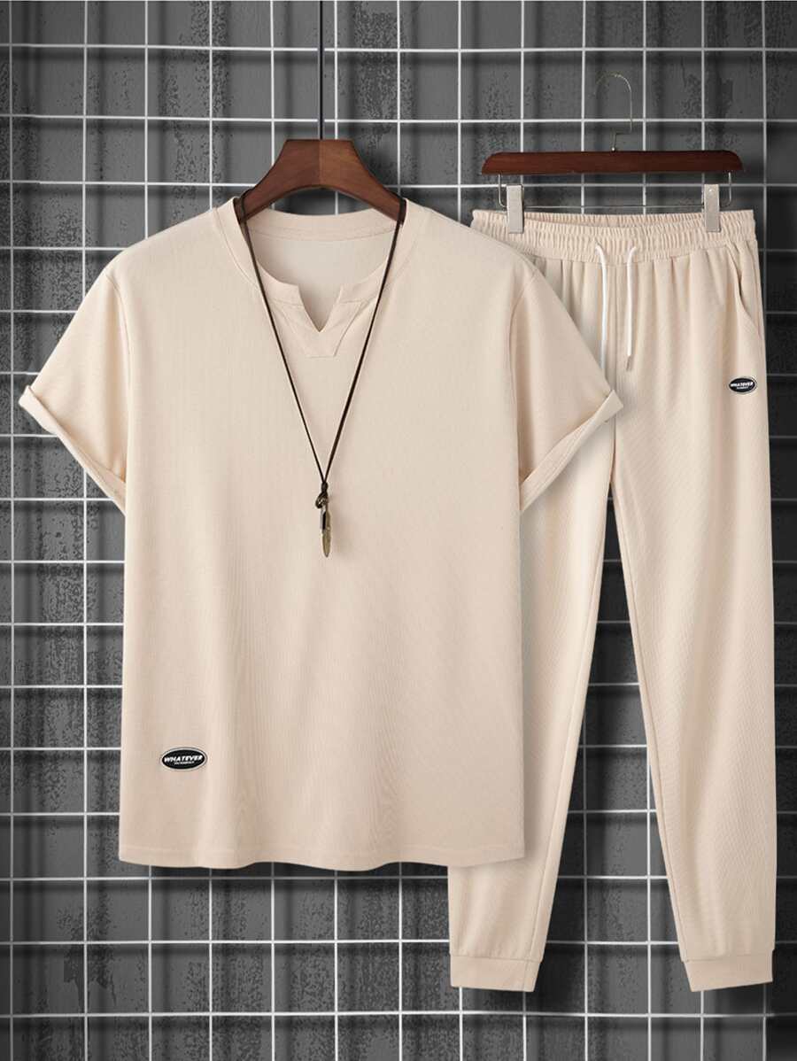Manfinity Homme Männer eingekerbtem Kragen, Flicken Detail, Hose & T-Shirt mit Set