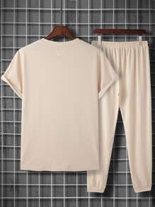 Manfinity Homme Männer eingekerbtem Kragen, Flicken Detail, Hose & T-Shirt mit Set