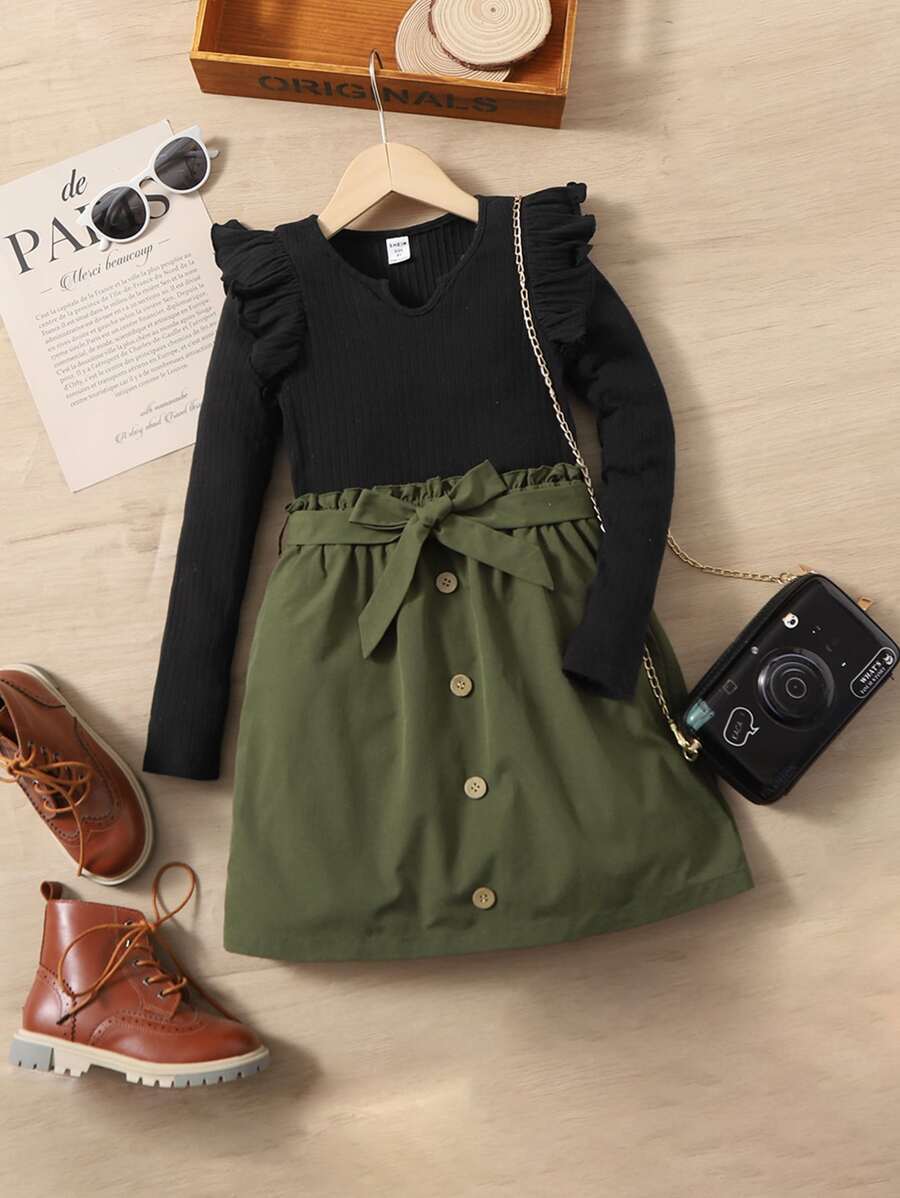 SHEIN Niñas Vestido con cinturón ribete con fruncido - Multicolor - Ver 1