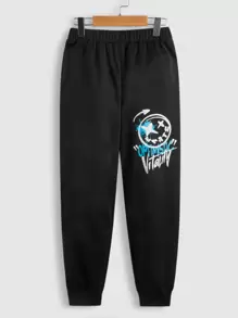 SHEIN Boys Letter & Expression Print Joggers - Black - View 1