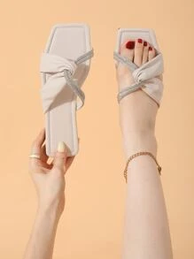 Rhinestone & Twist Decor Slide Sandals Valentines - Beige - View 1