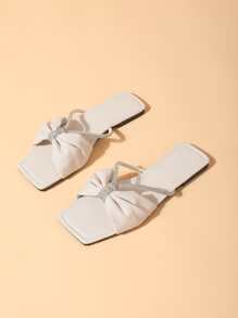 Women Rhinestone & Knot Decor Flat Sandals, Fashion Beige Slide Sandals Valentines - Beige - View 3