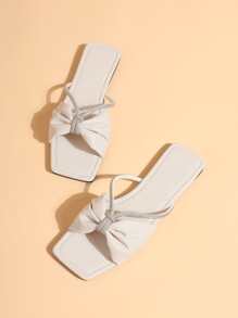 Women Rhinestone & Knot Decor Flat Sandals, Fashion Beige Slide Sandals Valentines - Beige - View 4