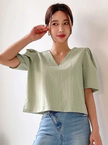 DAZY Solid Puff Sleeve Blouse - Green - View 5