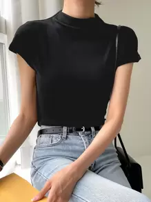 DAZY 高領實心t恤 - 黑色 - 查看 3