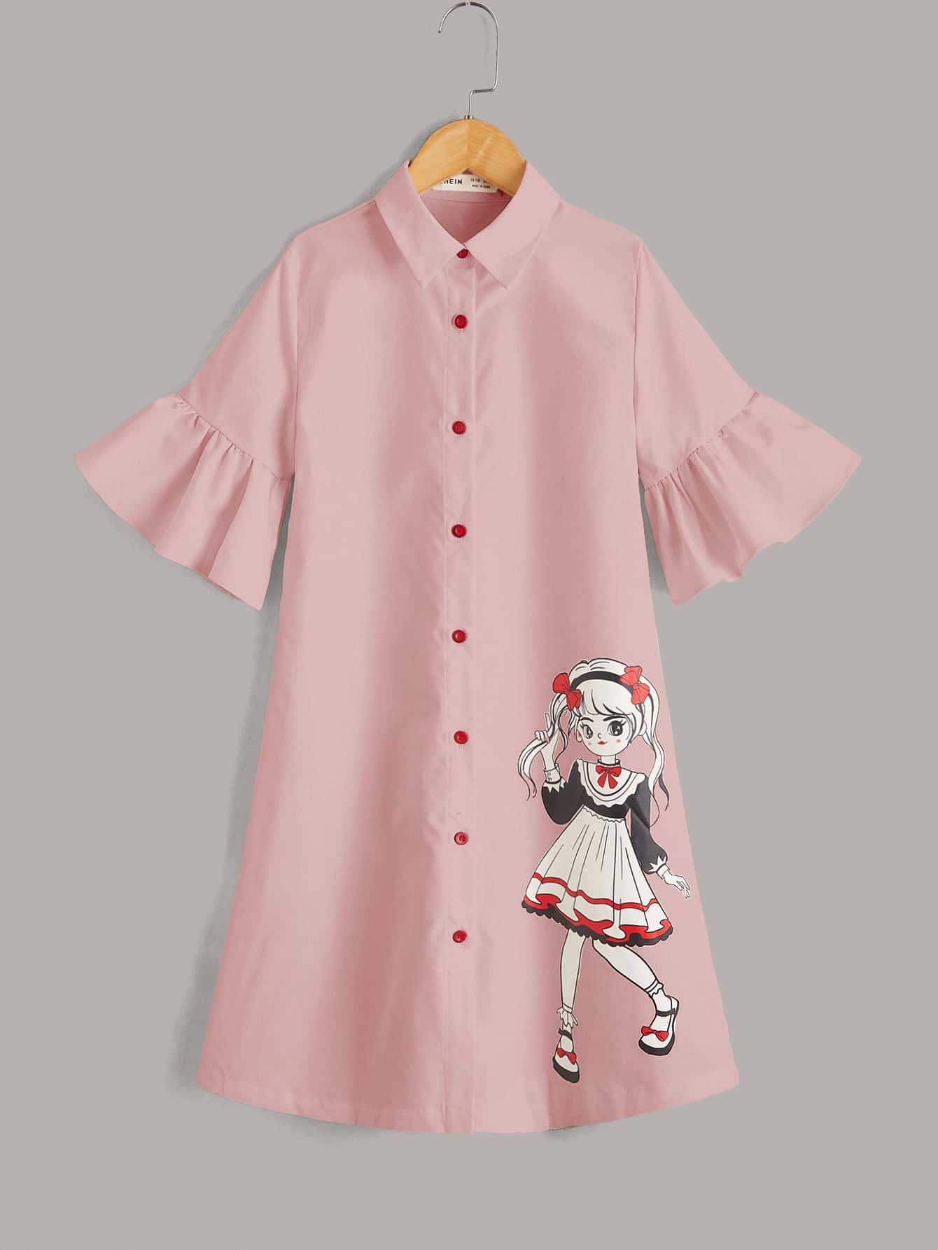 SHEIN Vestido camisero de manga de volantes con gráficos de una figura para niña adolescente - Rosa - Ver 1
