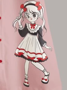 SHEIN Vestido camisero de manga de volantes con gráficos de una figura para niña adolescente - Rosa - Ver 3