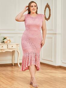 MIUSOL 大碼荷葉邊蕾絲連衣裙 - 淺粉色 - 查看 5