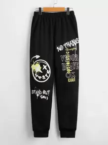 SHEIN Tween Boy Letter & Expression Print Sweatpants - Black - View 1
