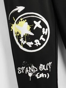 SHEIN Tween Boy Letter & Expression Print Sweatpants - Black - View 3