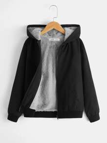 SHEIN 適合少年的拉鍊前開式泰迪毛里內裡帽子夾克