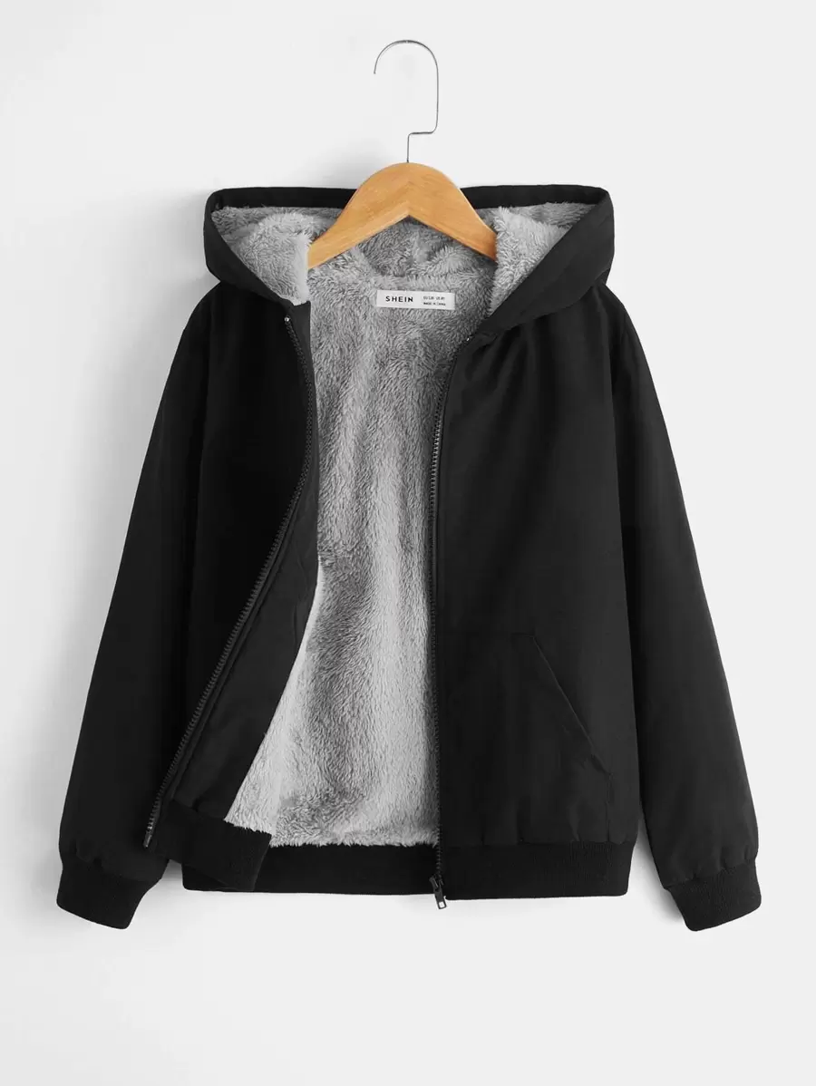 SHEIN 適合少年的拉鍊前開式泰迪毛里內裡帽子夾克