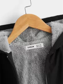 SHEIN 適合少年的拉鍊前開式泰迪毛里內裡帽子夾克