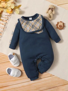 Đứa bé trai Kẻ sọc Đã vá Túi Áo liền quần & Bib - Màu xanh hải quân - Xem 2