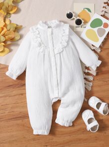 Bebé Mono ribete con fruncido con encaje en contraste de manga con volante - Blanco - Ver 2