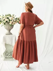 Rusttydustty Váy chữ A tay chuông boho cỡ lớn có thắt lưng, dành cho mùa hè - Màu Cam cháy - Xem 2