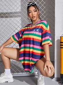 SHEIN EZwear Áo thun Plus size Hoạt hình sọc cầu vồng Giải trí - Nhiều màu - Xem 1