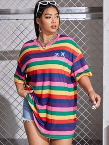 SHEIN EZwear Áo thun Plus size Hoạt hình sọc cầu vồng Giải trí - Nhiều màu - Xem 3