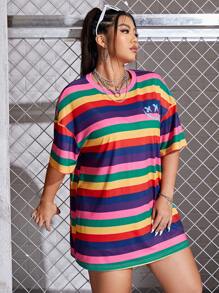 SHEIN EZwear Áo thun Plus size Hoạt hình sọc cầu vồng Giải trí - Nhiều màu - Xem 4