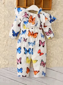 Baby Butterfly Print Ruffle Trim Asymmetrical Neck Jumpsuit - Multicolor - View 2