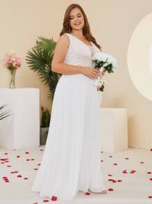 Plus Contrast Lace Mesh Detail Chiffon Wedding Dress - White - View 1