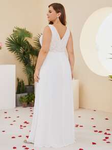 Plus Contrast Lace Mesh Detail Chiffon Wedding Dress - White - View 2
