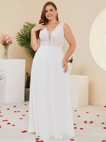Plus Contrast Lace Mesh Detail Chiffon Wedding Dress - White - View 3