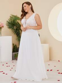 Plus Contrast Lace Mesh Detail Chiffon Wedding Dress - White - View 4