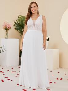 Plus Contrast Lace Mesh Detail Chiffon Wedding Dress - White - View 6