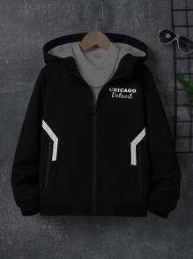 Boys 1pc Reflective Letter Graphic Zipper Hooded Jacket - Black - View 1