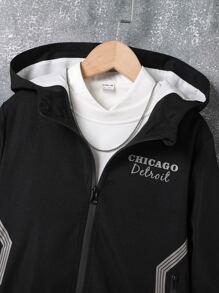 Boys 1pc Reflective Letter Graphic Zipper Hooded Jacket - Black - View 6