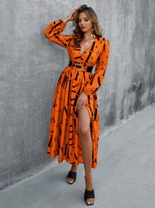 Glamaker 字母圖案燈籠袖腰帶圍裹式洋裝