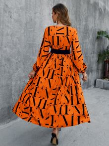 Glamaker 字母圖案燈籠袖腰帶圍裹式洋裝