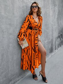 Glamaker 字母圖案燈籠袖腰帶圍裹式洋裝