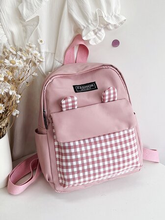 女孩格子圖案字母貼布和卡通耳朵裝飾功能背包