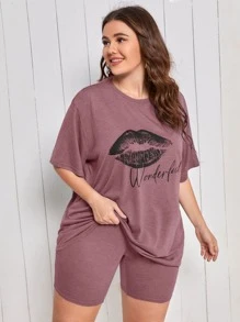 SHEIN Plus Mouth Print Tee & Cycling Shorts PJ Set - Redwood - View 1